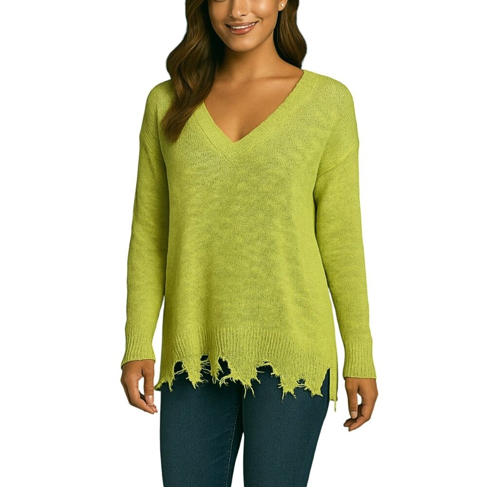Lightweight V-Neck Knit Sweater | Distressed Hem | Layering Essential - M